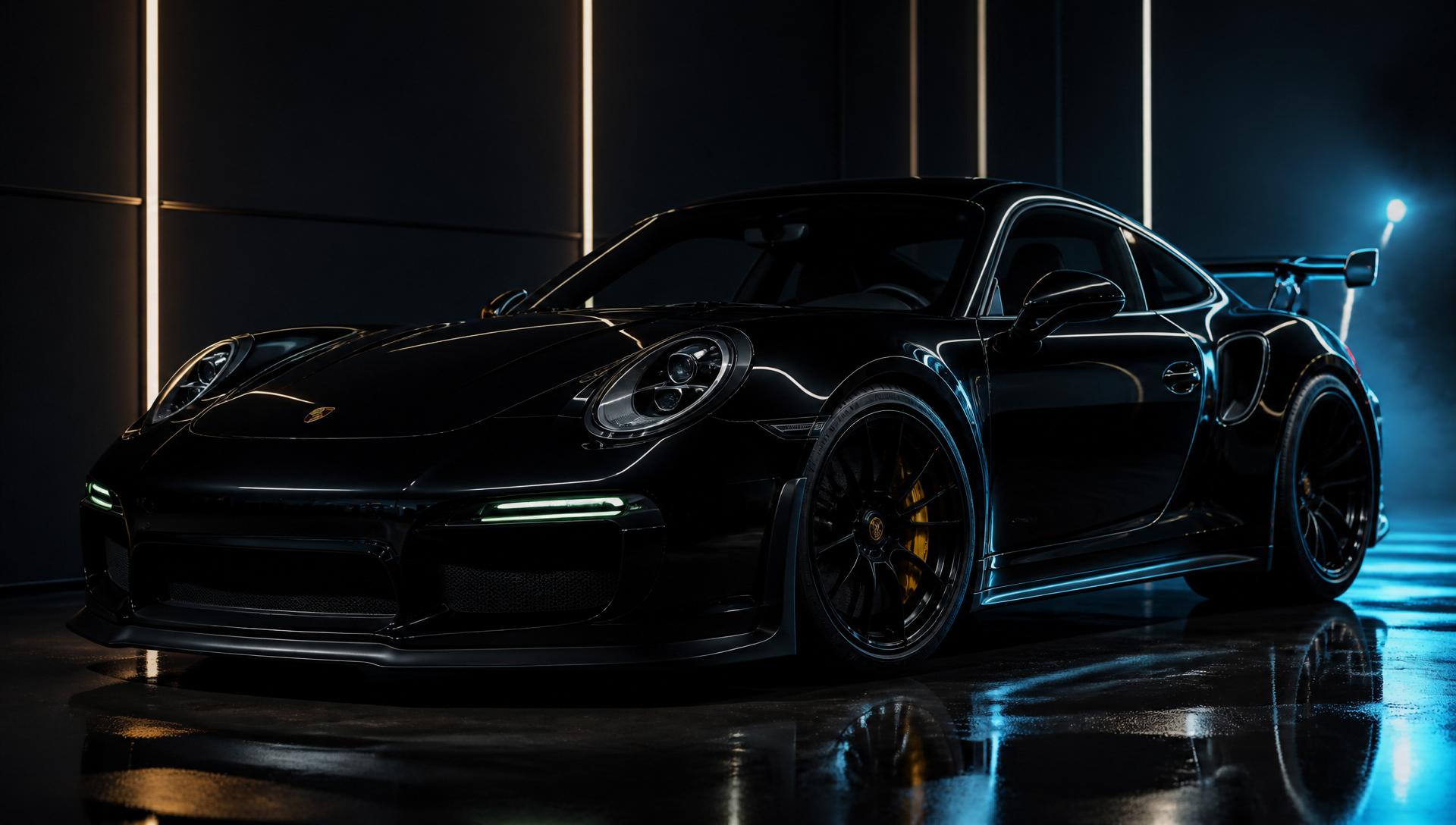 Black luxury sports car under cinematic studio lighting
